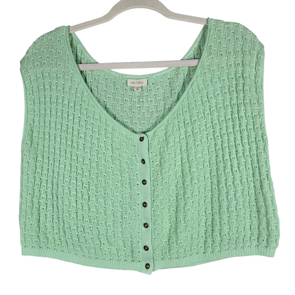 Pilcro Pointelle Knit Sweater Vest M Mint Green Cotton Linen Button Front Boho
